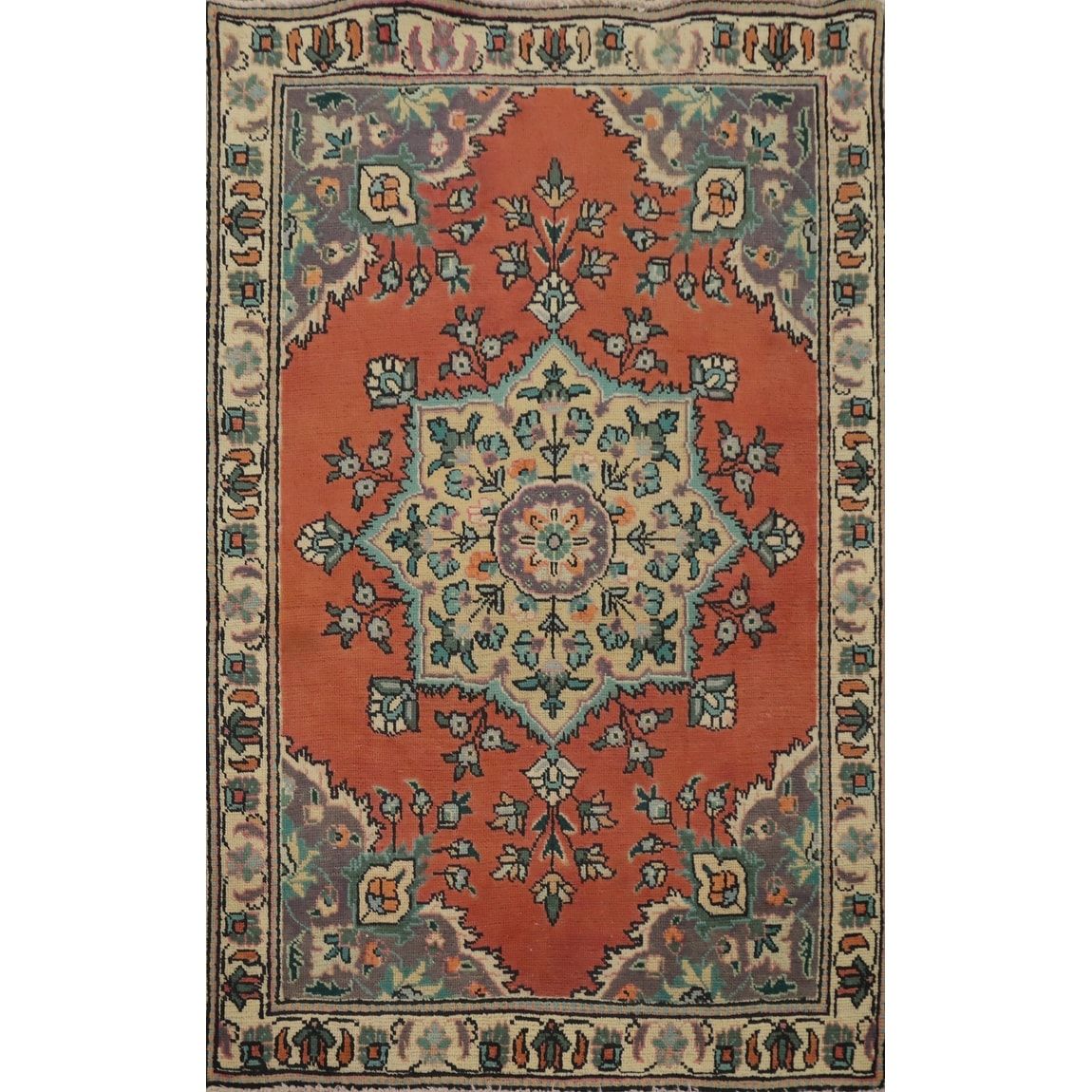 Hand Knotted Oriental 100% Wool Carpet Traditional Floral Oranges & Rust Tabriz Area Rug - 4' 6'' X 3' 3''