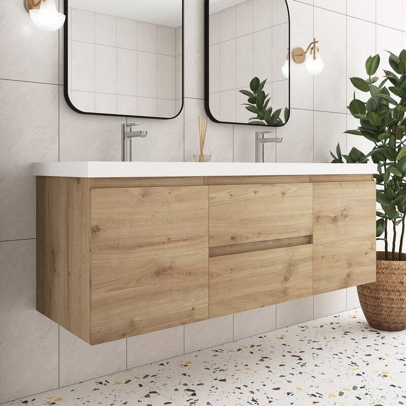 Angela Wall Mounted Bathroom Vanity in F. Oak with White Cultured Marble Top