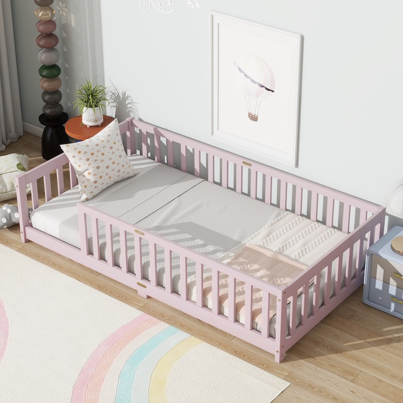 Twin Size Floor Bed with Fence without Door, Rubber Wood Floor Bed with Safety Guardrails - Pink