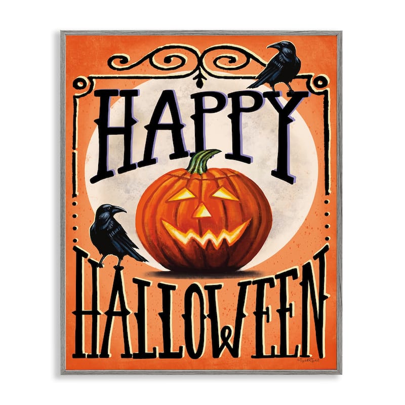 Stupell Happy Halloween with Crows Framed Giclee Art Design By Elizabeth Tyndall - 11 x 14 - Grey