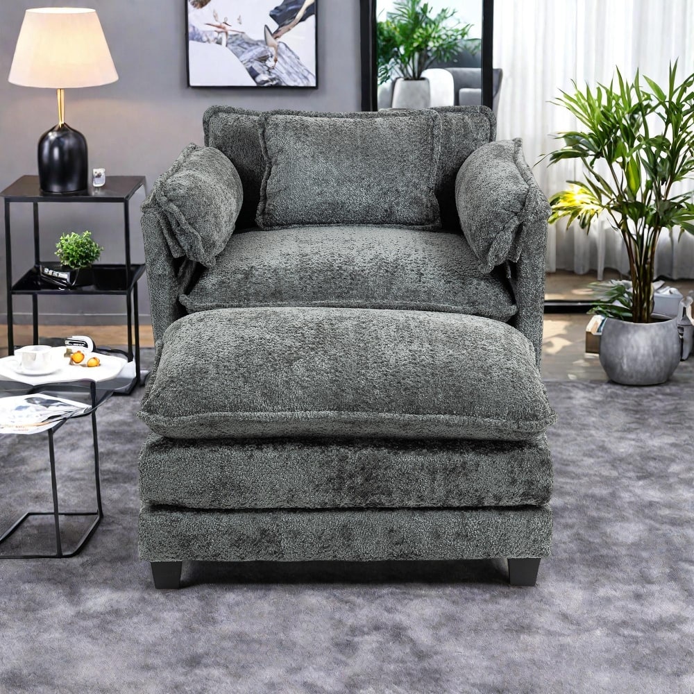 Boucle Oversized Sofa with Ottoman, Double Deep Cushion, Thick Armrests, and High-Resilience Sponge