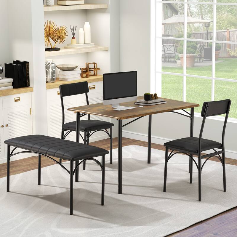 Space-Saving Dining Table Set for 4-6 People with Storage Shelf and Bench, Ideal for Living Room and Dining Room - Brown