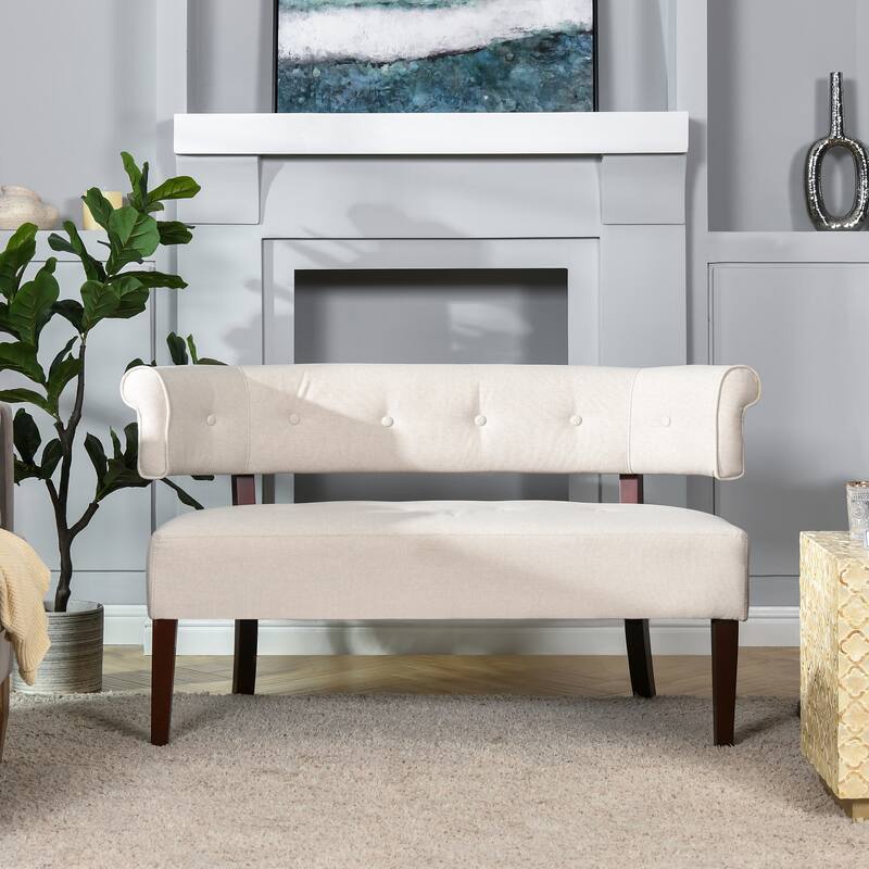 Jared Roll Arm Tufted Bench Settee - Sky Neutral Beige Polyester