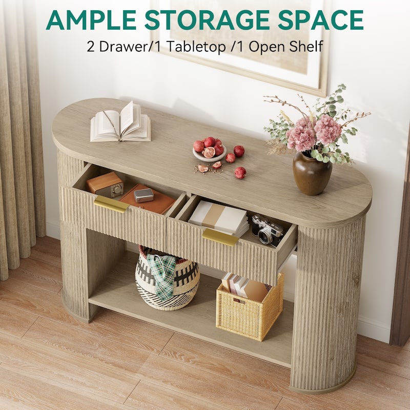 Moasis 2-Tier Fluted Console Table Narrow Sofa Table with Drawer and Storage Shelf for Entryway