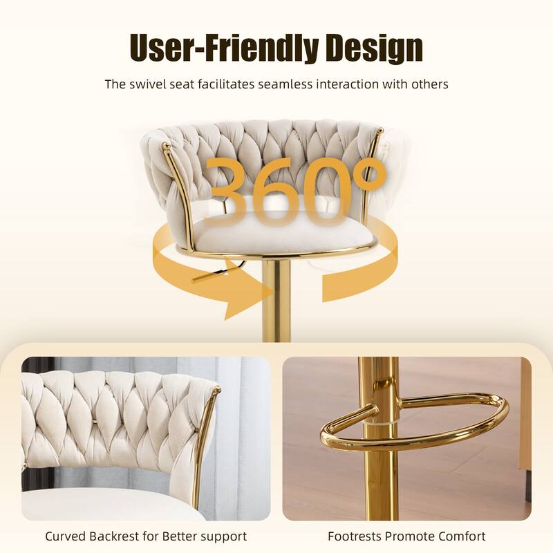 HOMEFUN Velvet Adjustable Height Swivel Armless Bar Stools With Golden Footrest(set of 2)