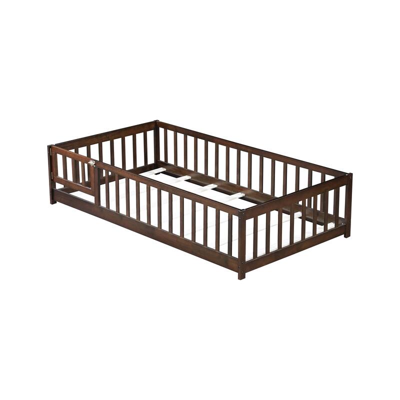 Twin Size Floor Bed with Fence and Door, Rubber Wood Floor Bed with Safety Guardrails