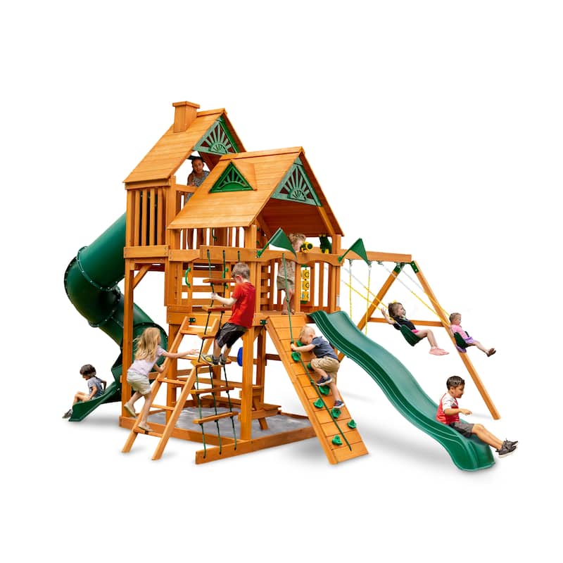 Gorilla Playsets Great Skye I Wooden Play Set with 2 Slides and Multiple Play Decks - wood roof