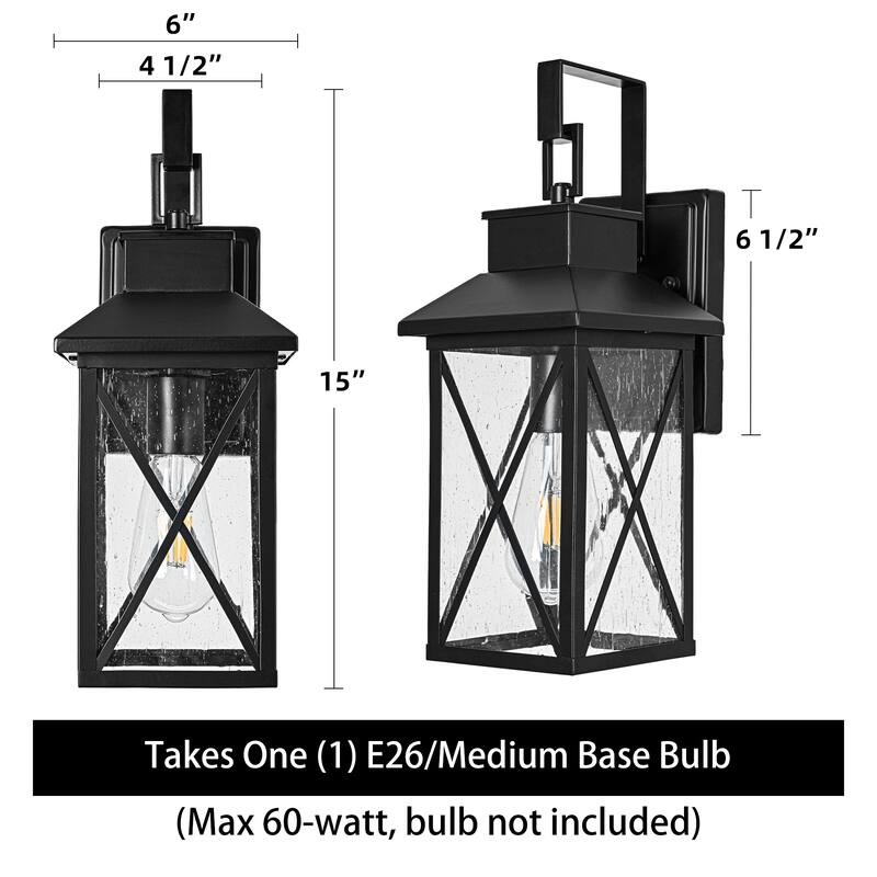 15 in. 1-Light Matte Black Outdoor Wall Sconce with Clear Seeded Glass - E26, Wet Rated, Modern Style