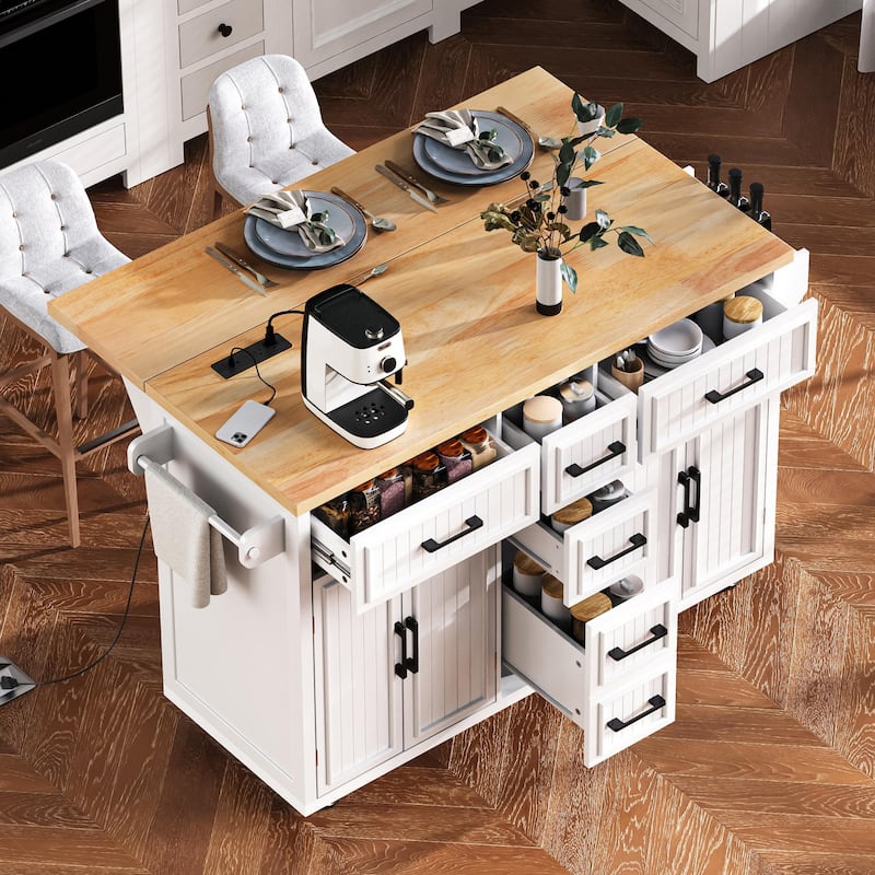 Rolling Kitchen Island with Drop Leaf & Power Outlet, Mobile Kitchen Cart on Wheels, Coffee Bar Cabinet with 4 Doors & 5 Drawers
