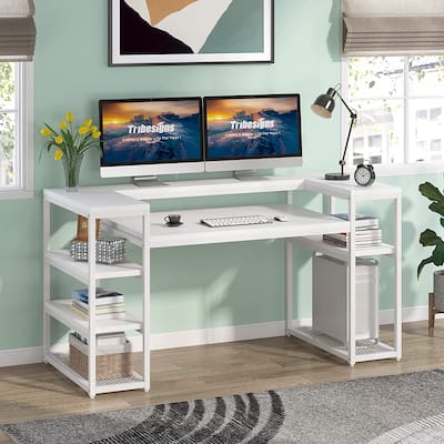 63 inch Computer Desk with Open Storage Shelves and Monitor Shelf