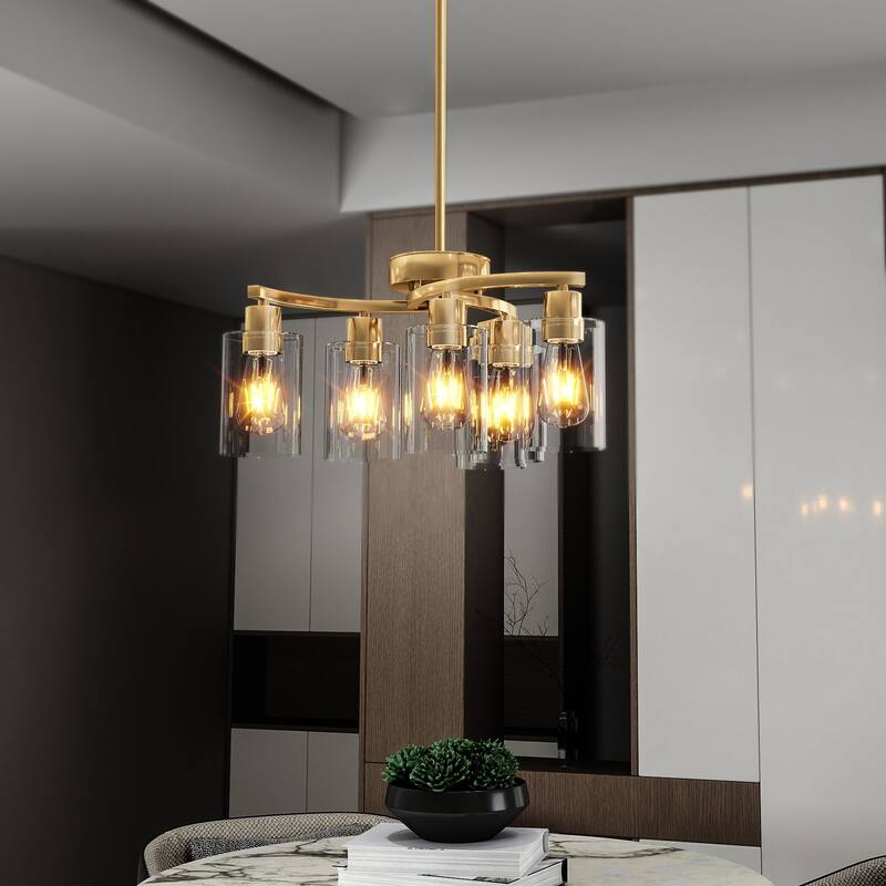 6-Light Gold Chandelier - Dining, Kitchen, Living - Metal, Clear Glass Shade