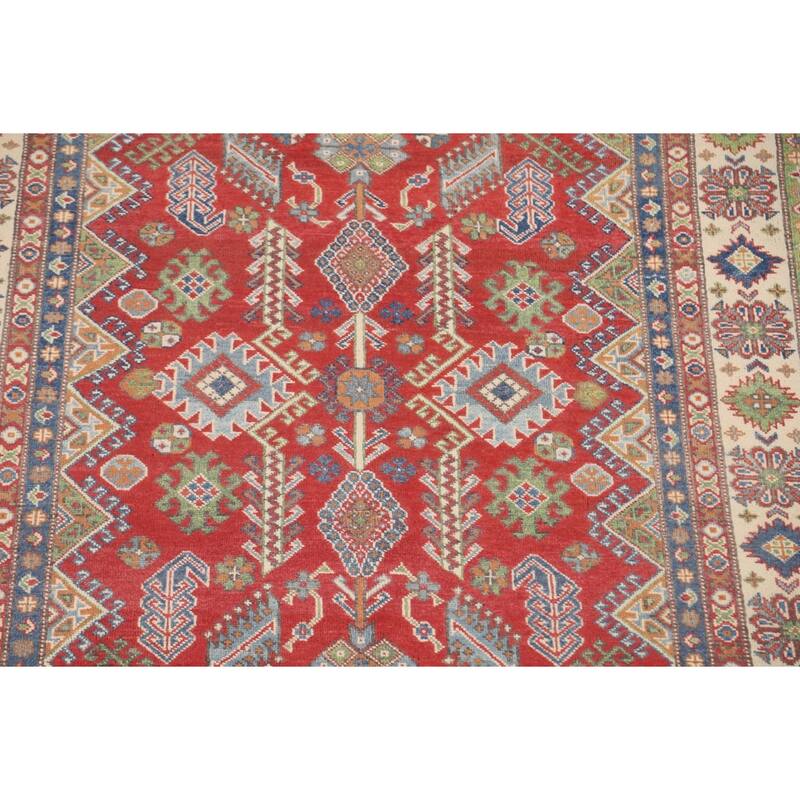 Geometric Kazak Area Rug Hand-Knotted Oriental Wool Carpet - 4'11" x 6'3"