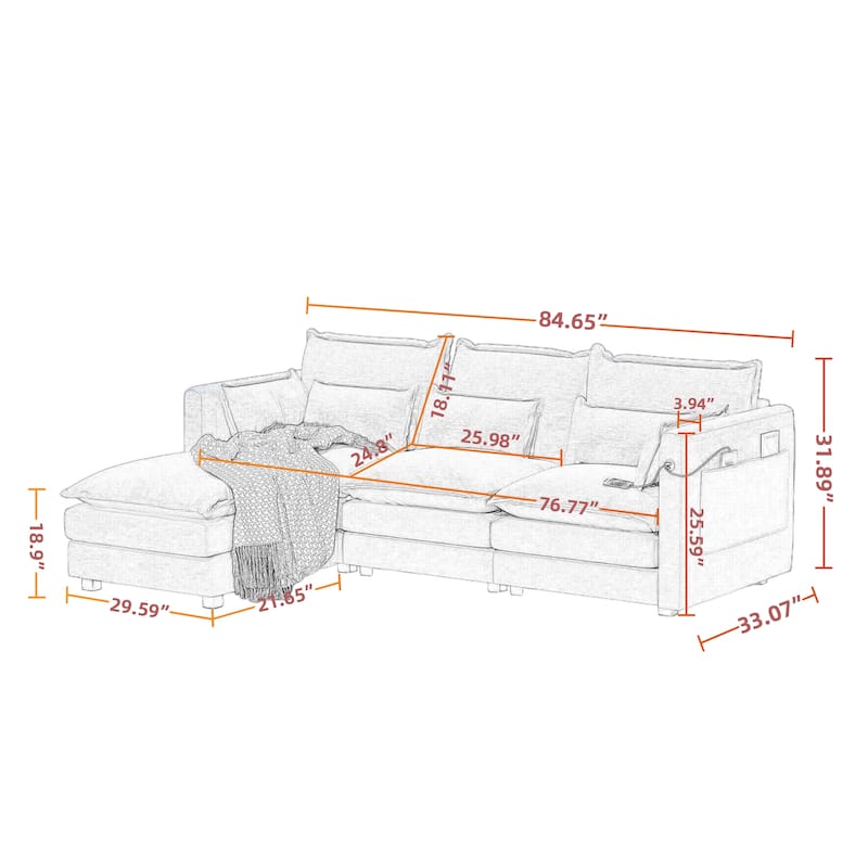 Modular Sectional Sofa L Shaped Couch, 3/4 Seat Sofa Set with Ottoman, Chenille Fabric
