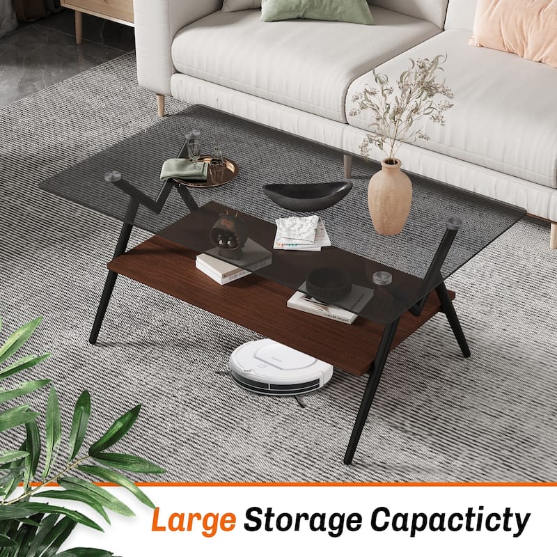 3-Piece Set, Modern Coffee Table Tempered Glass Coffee Table with 2-Tier Storage Shelves, for Living Room