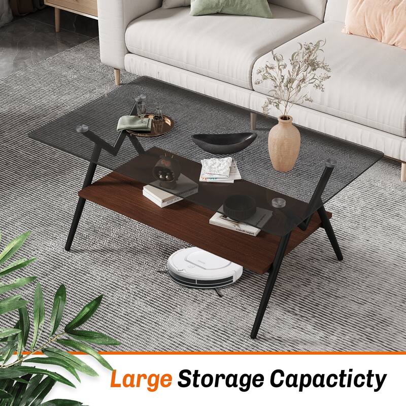 Rectangle Coffee Table with Tempered Glass Top and Shelf