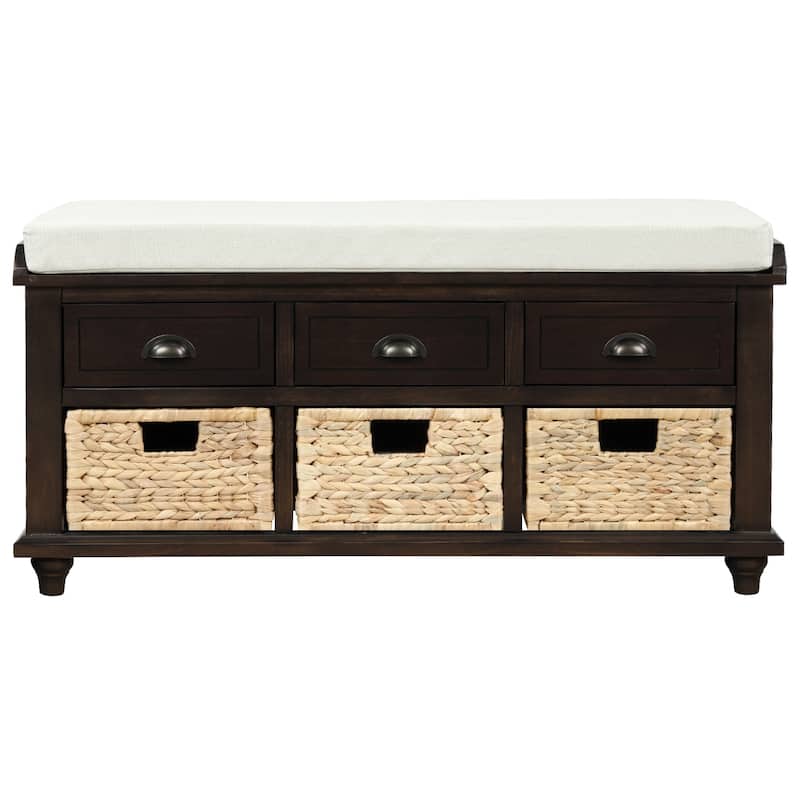 Espresso Storage Bench with 3 Drawers and 3 Rattan Baskets