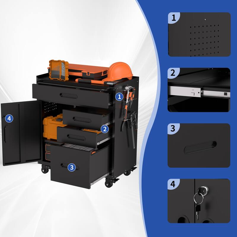 34.3" Mobile Tool Storage Cabinet - Garage Organizer with Lockable Compartment & 4 Drawers, Rolling Steel Chest