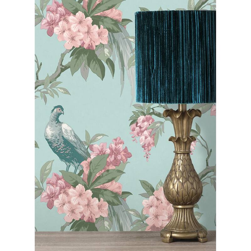 Brewster Golden Pheasant Aqua Floral Wallpaper