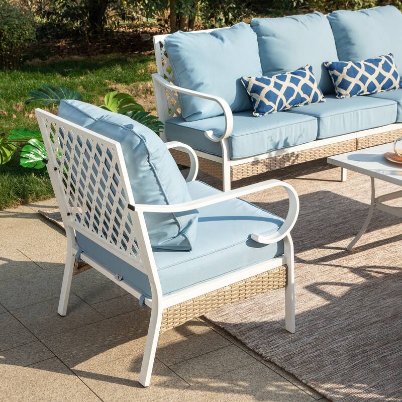 MAISON ARTS 7-Seat Patio Conversation Set, 2/4 x Cushioned Metal Chair, 1 x 2-Seat Sofa,1 x 3-Seat Sofa with Coffee Table