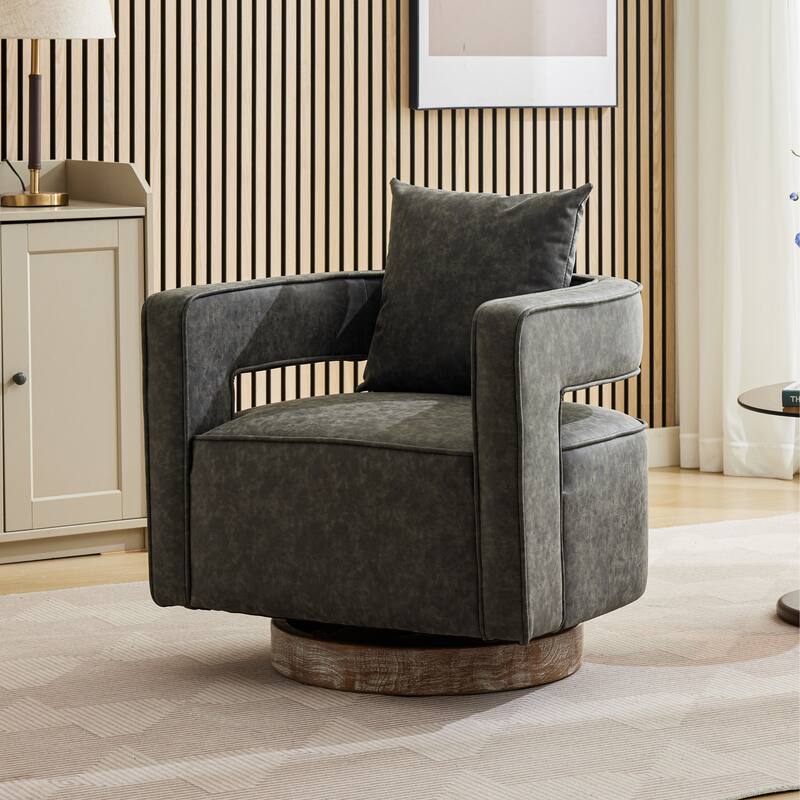 Modern Swivel Chair,PU leather Barrel Chair with Wooden Base and pillow