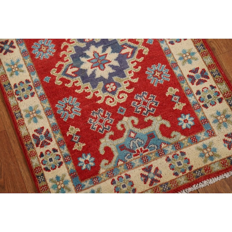 Red Geometric Kazak Foyer Rug Hand-Knotted Traditional Wool Carpet - 2'0" x 3'0"