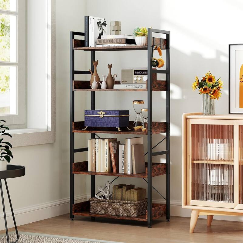 1/2 pcs 5-Tier Bookshelf Tall Freestanding Display Shelf w/ 4 Hooks