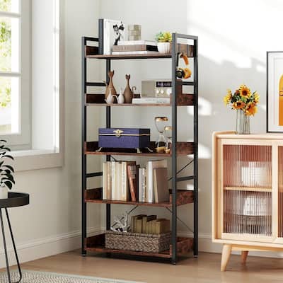 1/2 pcs 5-Tier Bookshelf Tall Freestanding Display Shelf w/ 4 Hooks