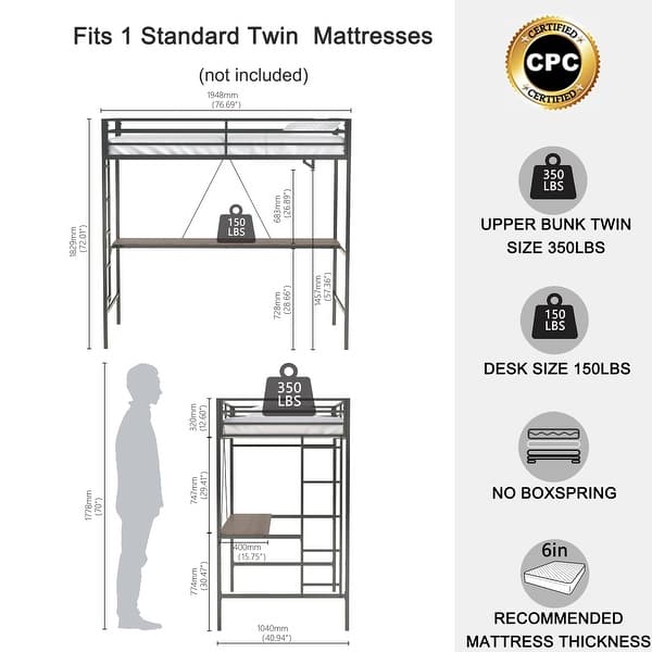 Kids and Baby Twin Size Loft Bed with Cinnamon Wood Desk and Closet Rod