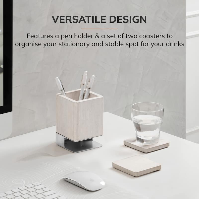 Jani Wooden Pen Cup Holder with 2 Coasters - Stained Mango Wood & Powder-Coated Metal Organizer for Home, Office & Living Spaces