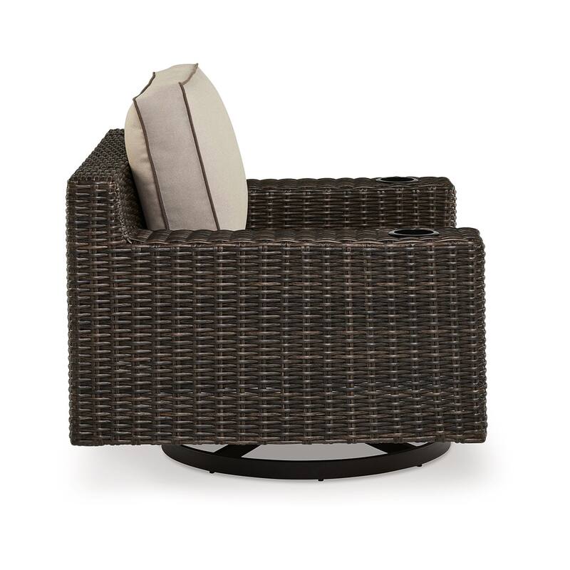 Waga 43 Inch Outdoor Swivel Lounge Chair, Cupholder, Brown Wicker, Beige