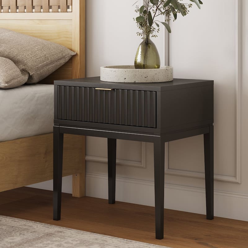 Jasper Mid-Century Modern Nighstand, Side Table with Storage and Fluted Drawer Doors with Brass Handles - Black Oak - Single