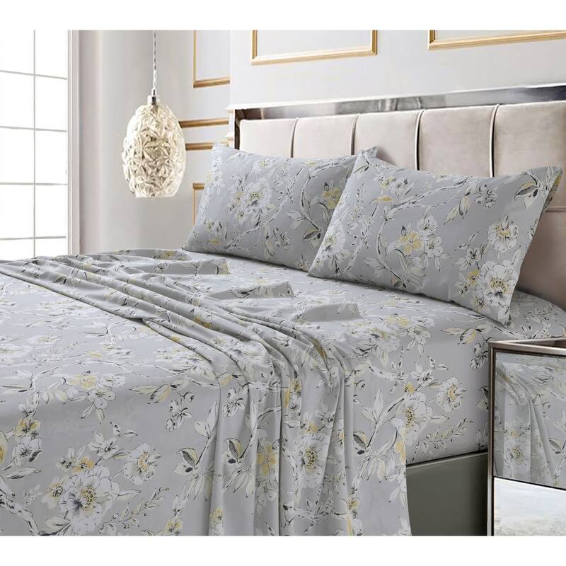 300 Thread Count Cotton Ultra-soft Printed Deep Pocket Bed Sheet Set - King - colmar silver grey-multi