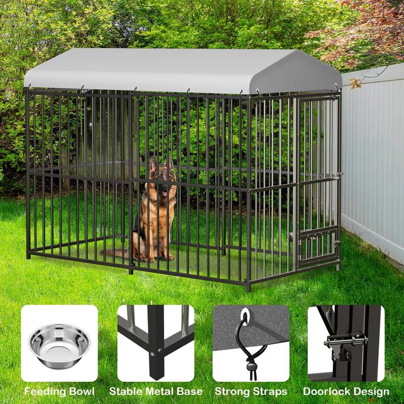Large Outdoor Dog Kennel with Roof, Heavy Duty Metal Cage, Feeding Bowl & Lock