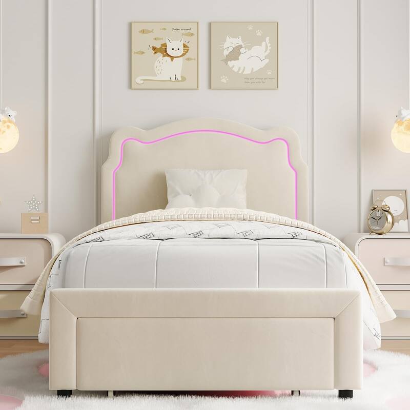 Twin Size Platform Bed Frame, Velvet Upholstered Bed Frame with Height Adjustable Bear-Shaped Headboard