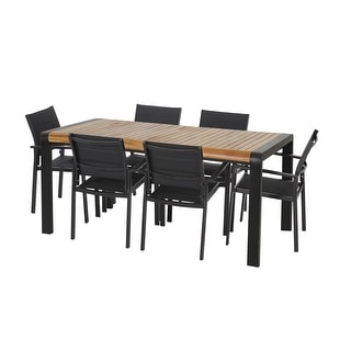 Holt Outdoor Mesh, Aluminum, and Acacia Wood 7 Piece Dining Set by Christopher Knight Home