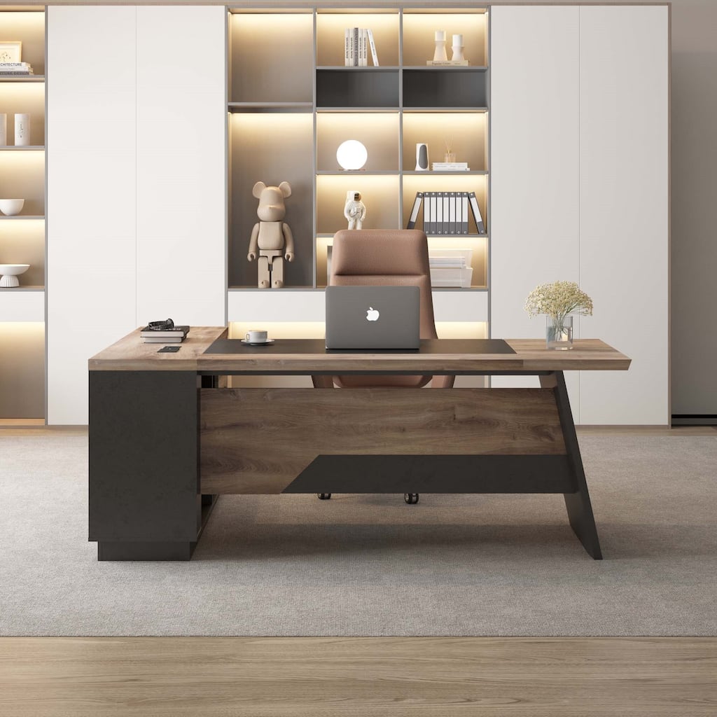WESOME 78.74in Modern L-Shaped Executive Desk with Drawer 2-Tier Storage Shelves Cabinets
