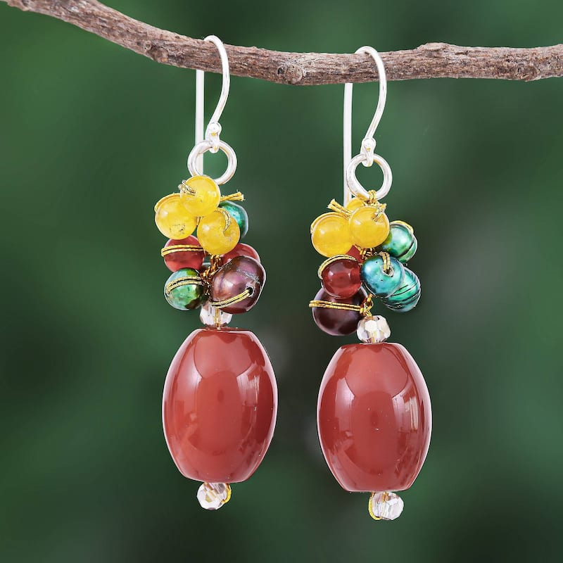 NOVICA Festival of Lights, Carnelian and cultured pearl dangle earrings - 2*0.5