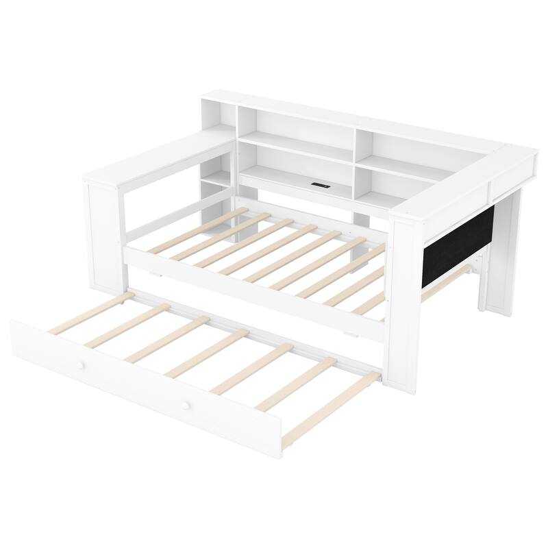 Roomfitters Twin/Full Platform Bed with Trundle, LED Headboard, Charging Station and Storage