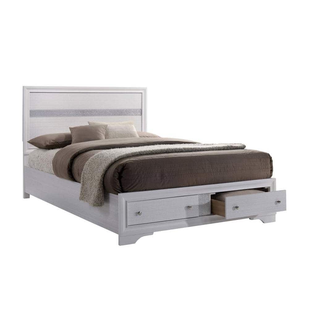 Full Size Rubber Wood Panel Bed with Storage Drawers and Silver Accents