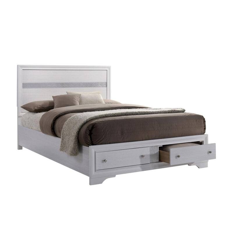 Queen Size White Panel Headboard Bed with Drawers, Contemporary Bedroom Furniture