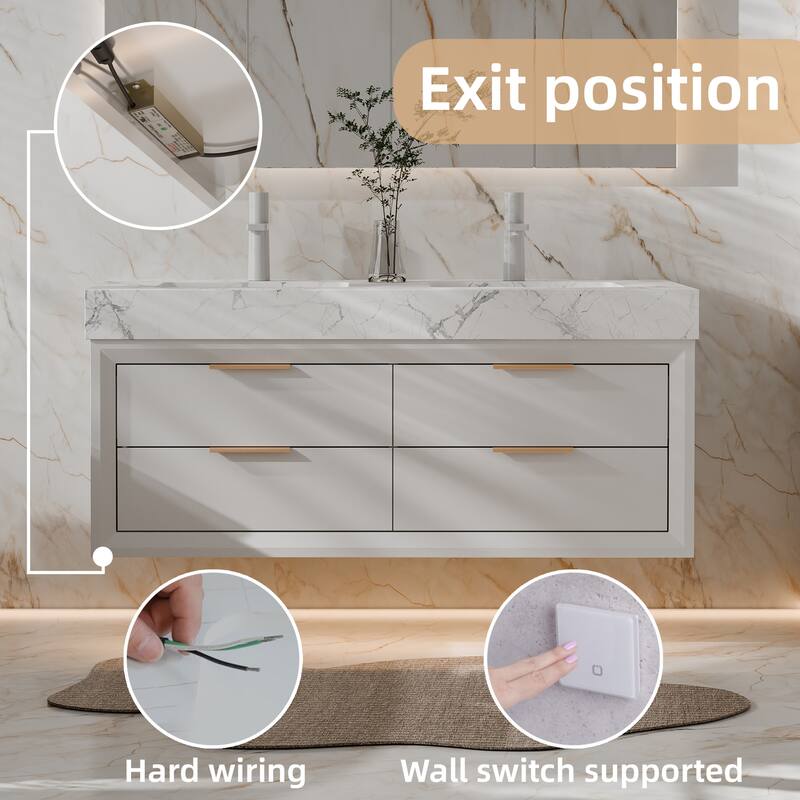 Modland 48" Wall-Mount Double Vanity with LED Light & 6 Drawers - Solid Oak, White / Green - 48 inch