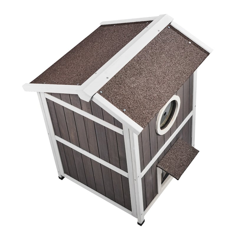 Grey Wooden Double Layer Outdoor Cat House with Asphalt Roof and Flaps Door - 23” x 26” x 36”