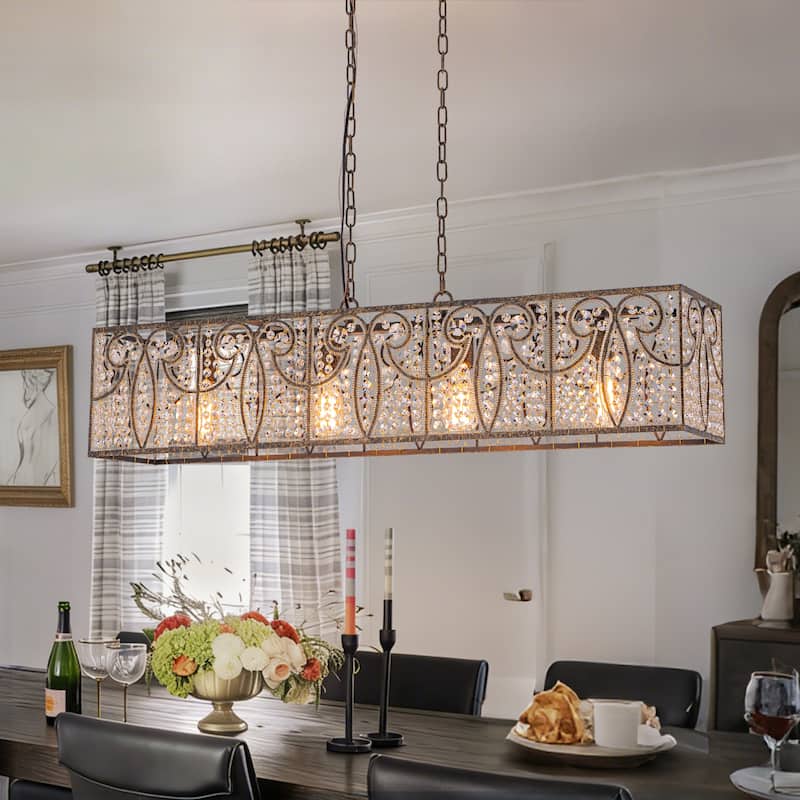 Vintage Glam 4-Light Linear Crystal Pendant Light for Kitchen Island Dining Room - Antique Bronze - W43.3" × H9"