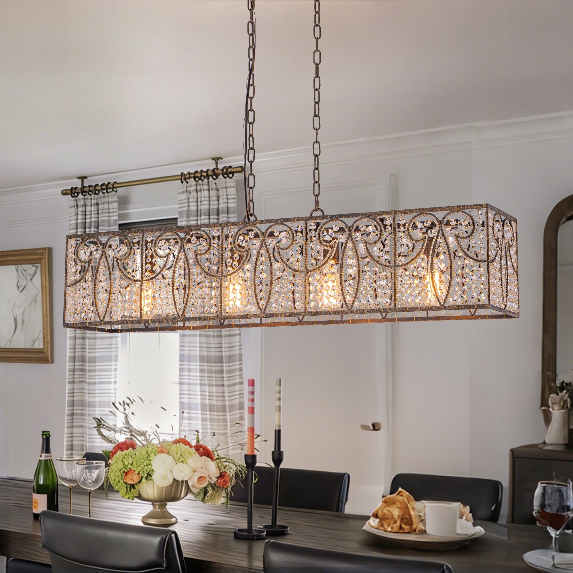 Vintage Glam 4-Light Linear Crystal Pendant Light for Kitchen Island Dining Room