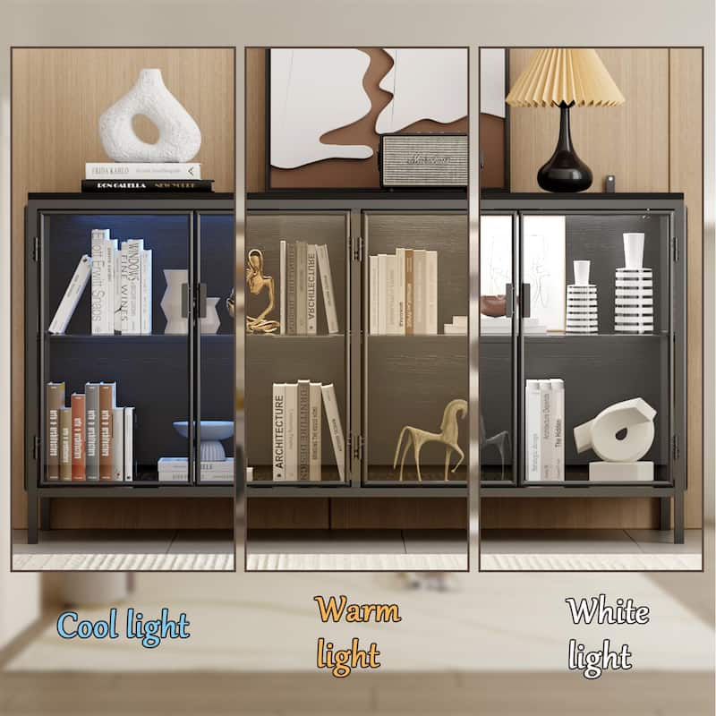 Modern Black Glass Storage and Display Cabinet: Adjustable Lighting, Ample Storage & Stylish Design