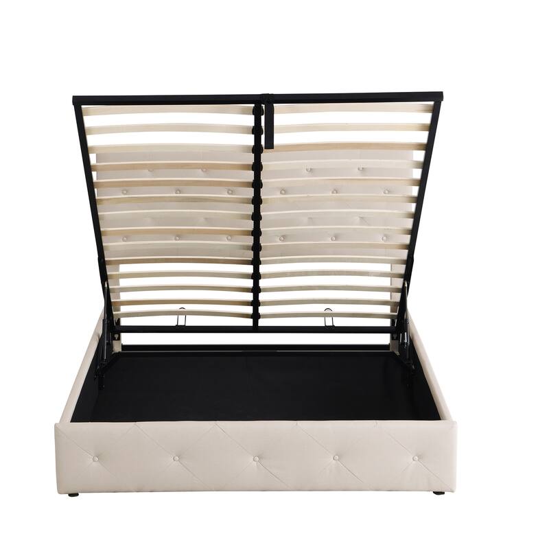 Queen Upholstered Bed with Gas Lift up Storage, Wooden Platform Bed