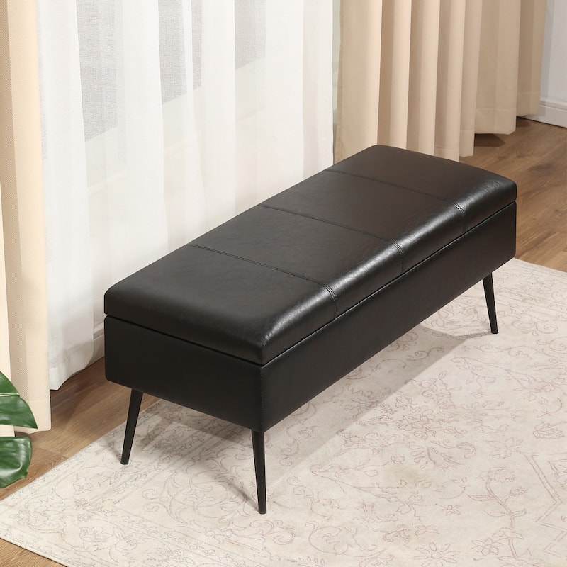 Adeco 42" Faux Leather Storage Bench with Lift-Top Lid - Black