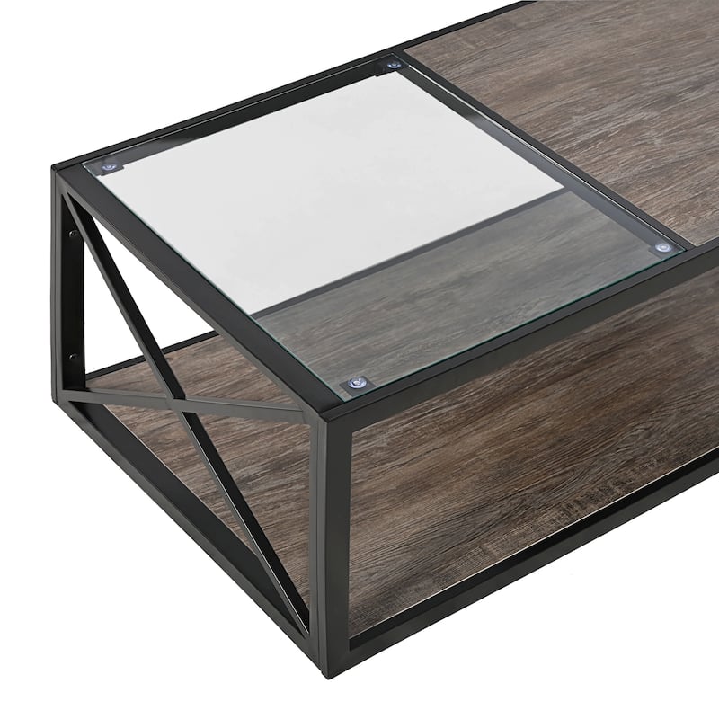Anmytek Modern Coffee Table Two Tone Top Black Metal Frame Glass Modern Living Room Storage Shelf