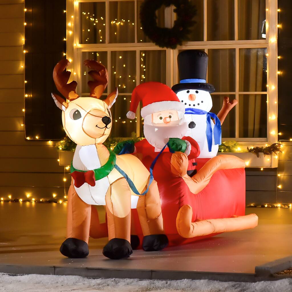 HOMCOM 4.2 ft. Inflatable Santa and Reindeer Decoration, Inflatable Snowman Christmas Decoration - 78.75"L x 31.5"W x 50.5"H