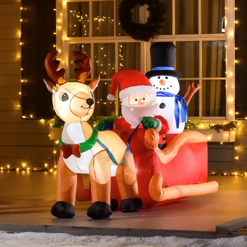 HOMCOM 4.2 ft. Inflatable Santa and Reindeer Decoration, Inflatable Snowman Christmas Decoration - 78.75"L x 31.5"W x 50.5"H - Polyester - Multi